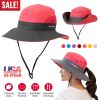 Women Summer Sun Bucket Hats Foldable UV Protection Cotton Cap Wide Brim Floppy Cap Packable Ponytail Mesh Travel Hat For Beach Fishing Camping Travel